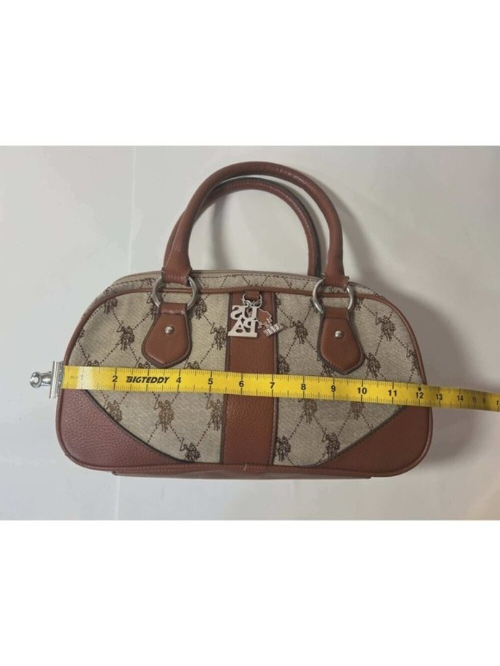 US Polo Assn Monogram Satchel Handbag Brown Canvas Faux Leather Horse Print Logo - Picture 4 of 13